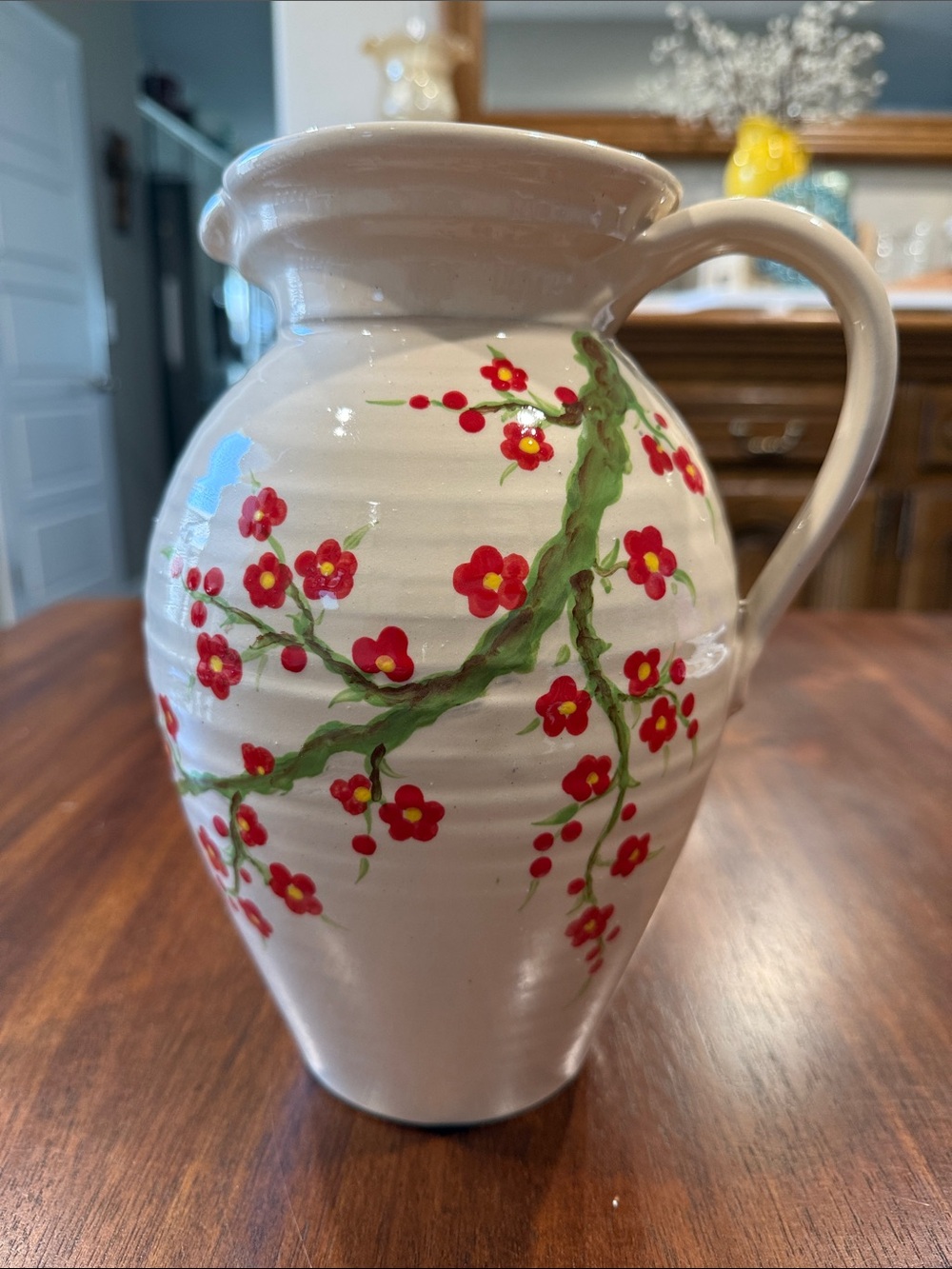Hand-Painted White Ceramic Pitcher Vase with Red Blossom Motif